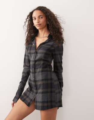 新品タグ付き　Checked Shirt Mini Dress　S Kaito Check Mini Shirt Dress, Brown