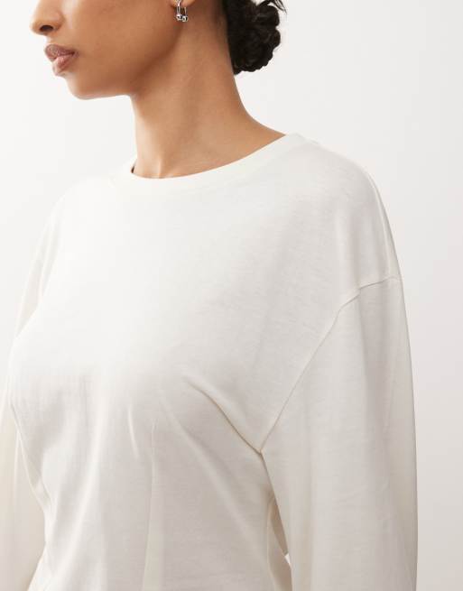 Monki long sleeve cinched waist top in white, 3 of 4