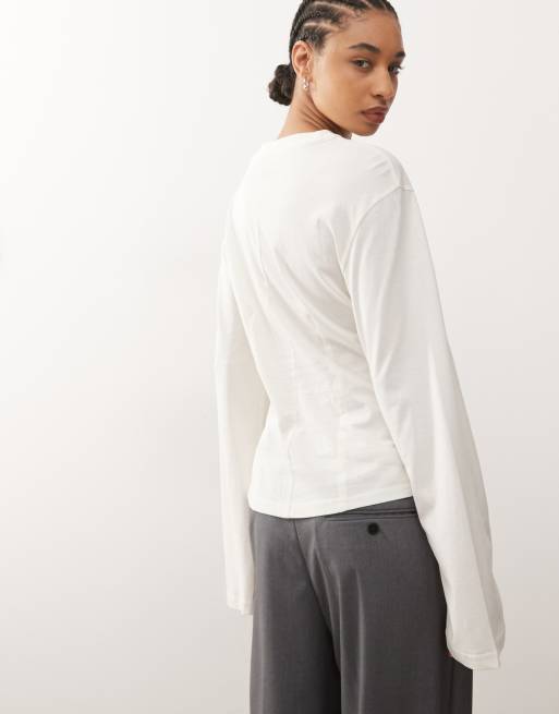 Monki long sleeve cinched waist top in white, 4 of 4