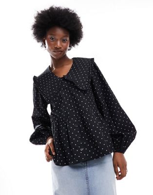 long sleeve collar blouse in black and white polka dot print-Multi