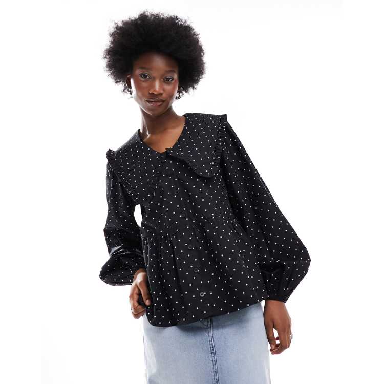 Monki long sleeve collar blouse in black and white polka dot print