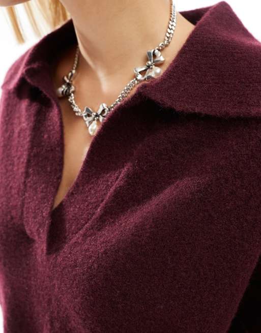  Monki long sleeve collar knitted sweater in burgundy, 3 of 4