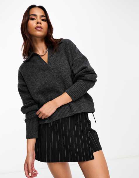 Monki long sleeve collar knitted sweater in dark grey - view 1