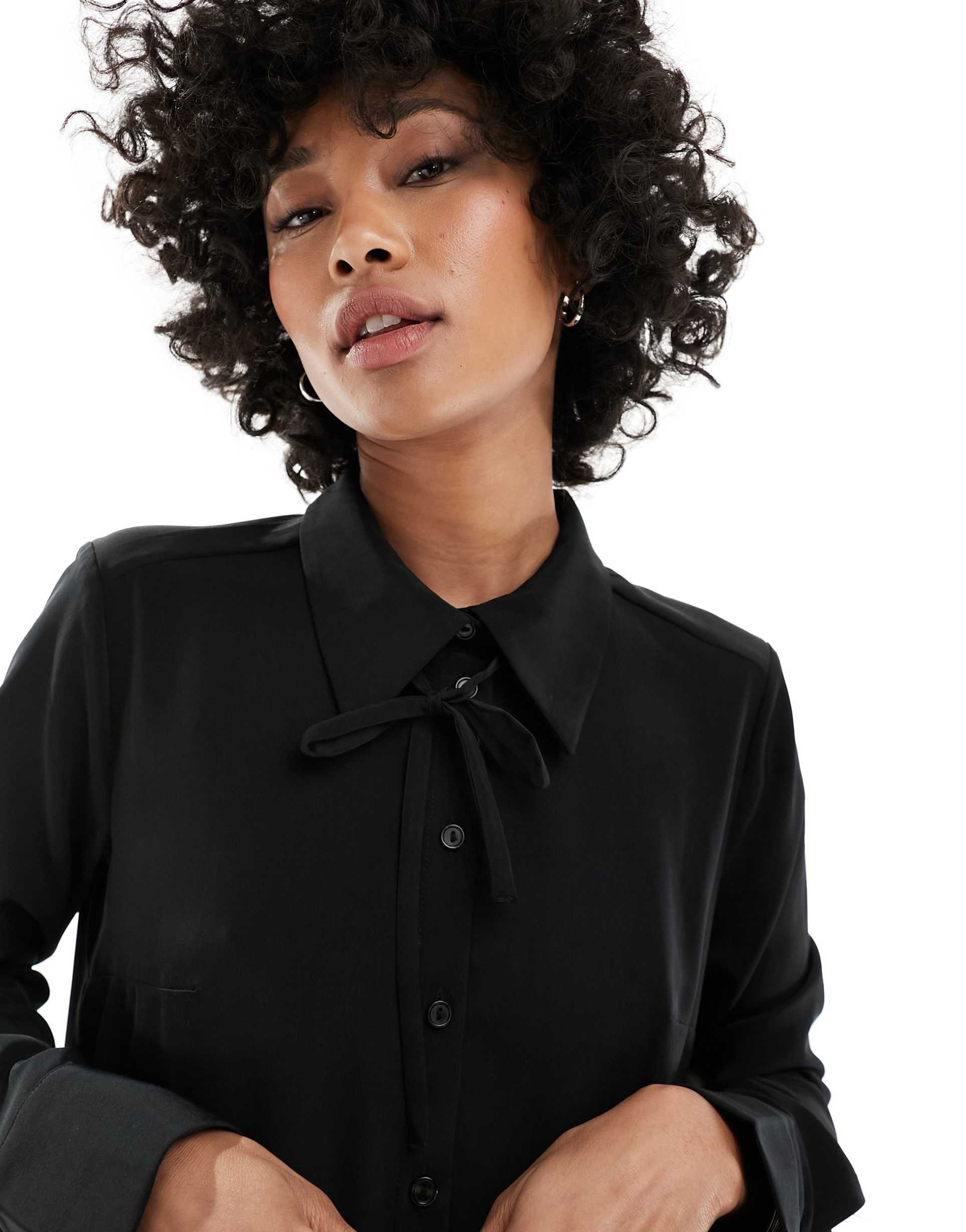 monki long sleeve collar pleated mini dress with ribbon bow in black