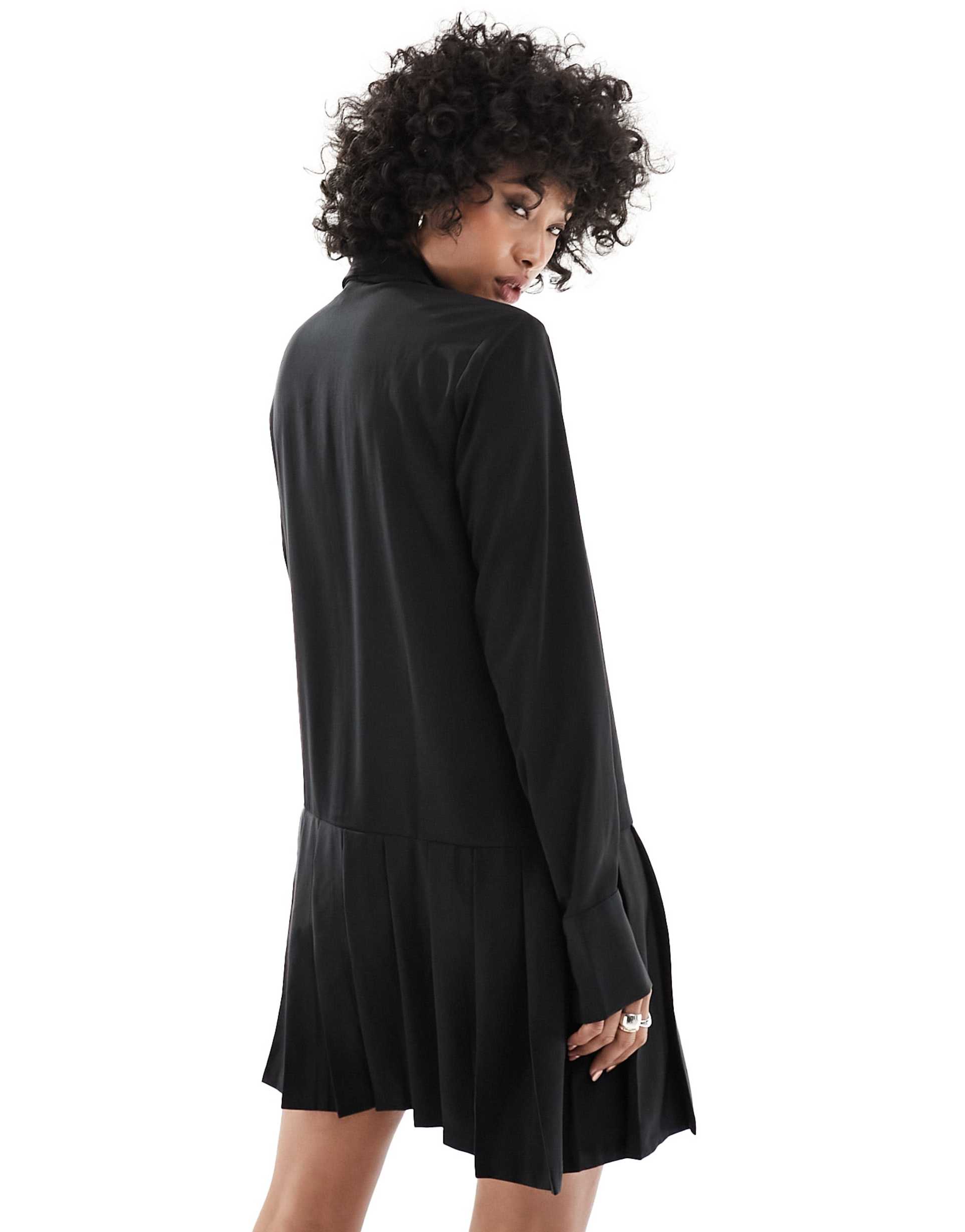 monki long sleeve collar pleated mini dress with ribbon bow in black