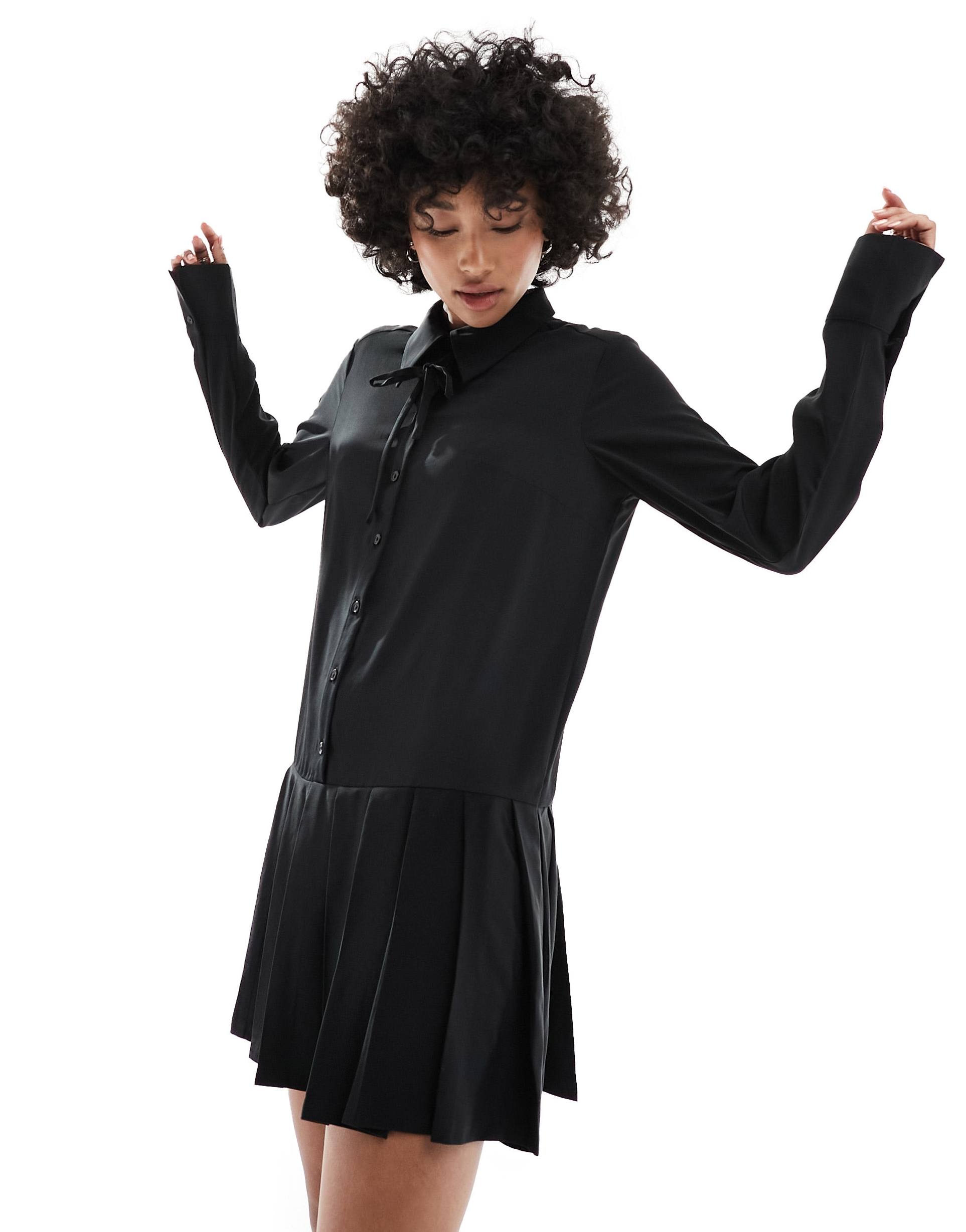 monki long sleeve collar pleated mini dress with ribbon bow in black