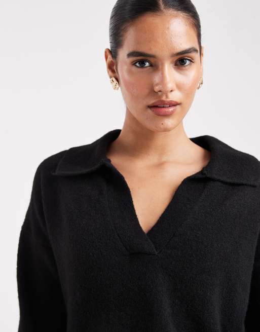 Monki long sleeve collar polo knit sweater in black, 2 of 4