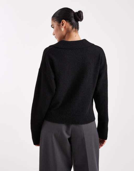 Monki long sleeve collar polo knit sweater in black, 3 of 4