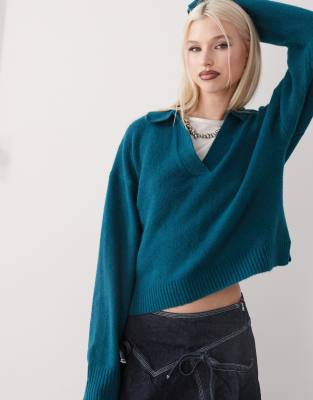 long sleeve collar polo knit sweater in teal-Green