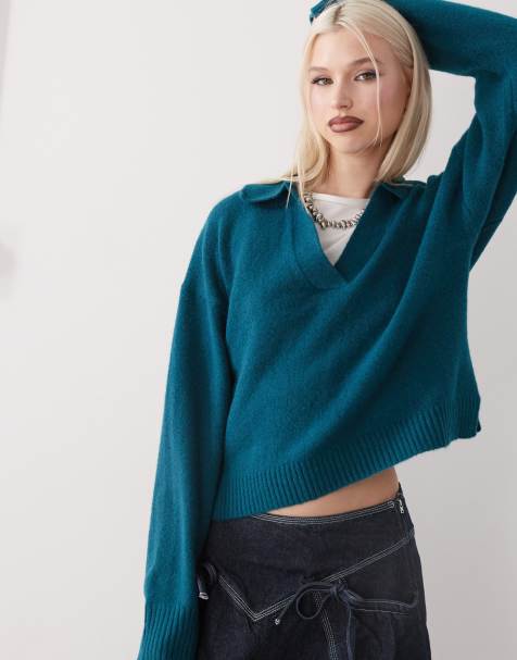 Monki long sleeve collar polo knit sweater in teal - view 1
