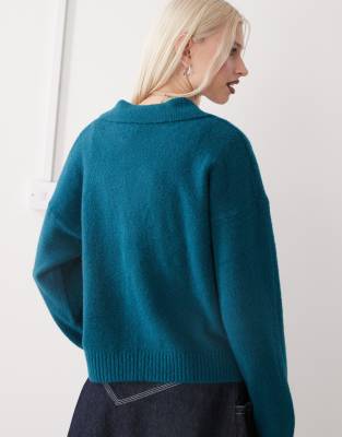 Monki Long Sleeve Collar Polo Knit Sweater In Green