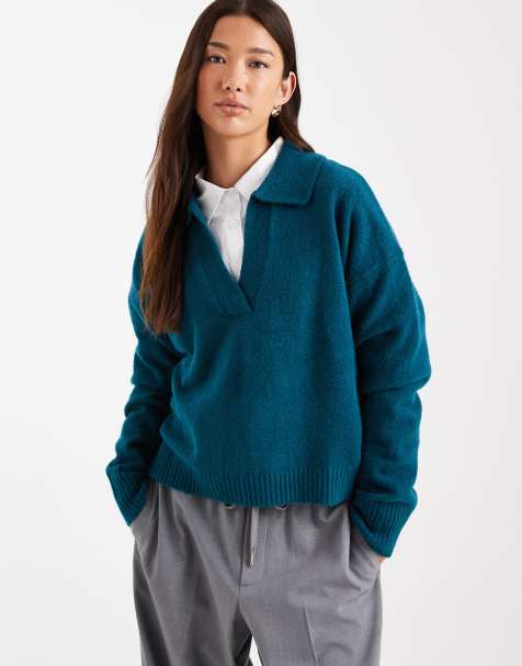 Monki long sleeve collar polo knitted jumper in teal - view 1