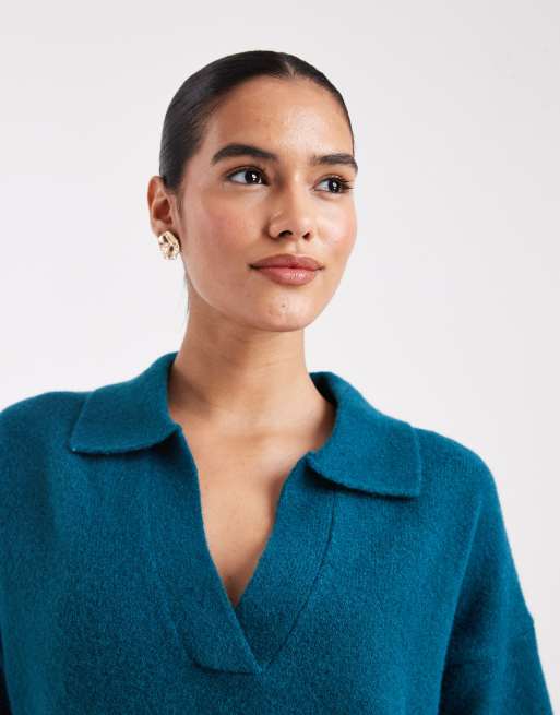 Monki long sleeve collar polo knitted jumper in teal, 2 of 4
