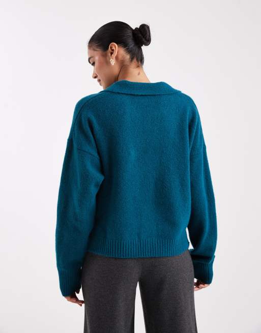 Monki long sleeve collar polo knitted jumper in teal, 3 of 4