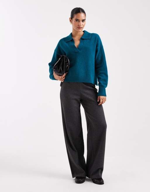 Monki long sleeve collar polo knitted jumper in teal, 4 of 4