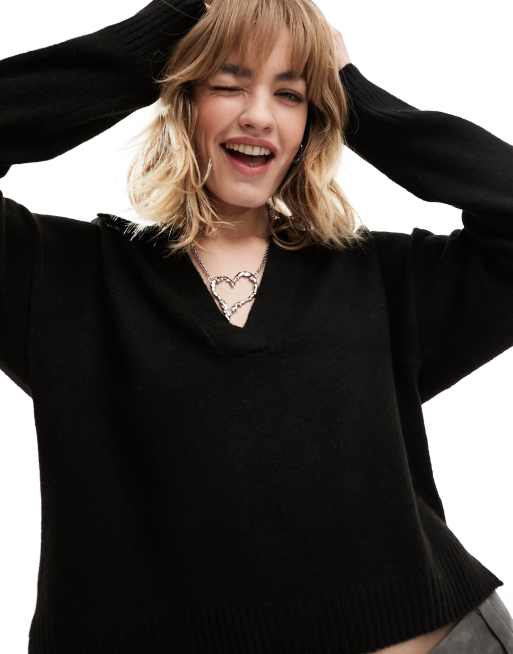Monki long sleeve collar polo knit sweater in black