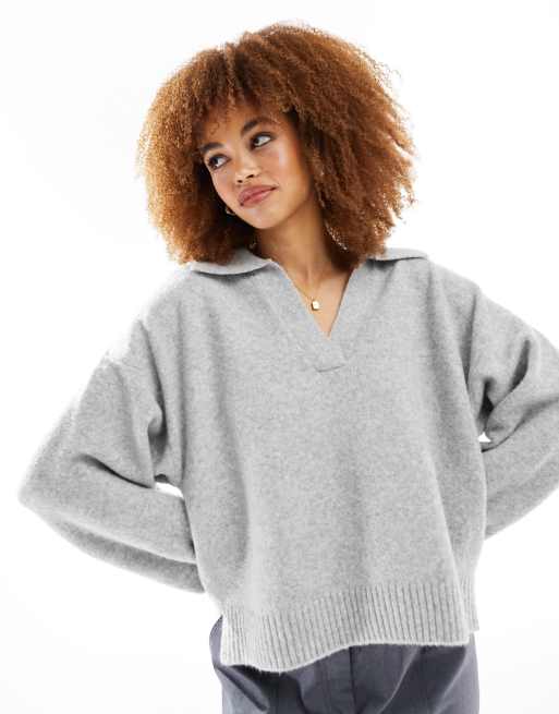 Monki long sleeve collar polo knitted sweater in grey melange