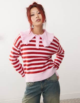 long sleeve collar polo knitted sweater in pink stripe