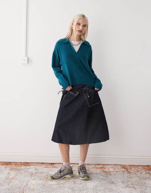 Monki long sleeve collar polo knitted sweater in teal