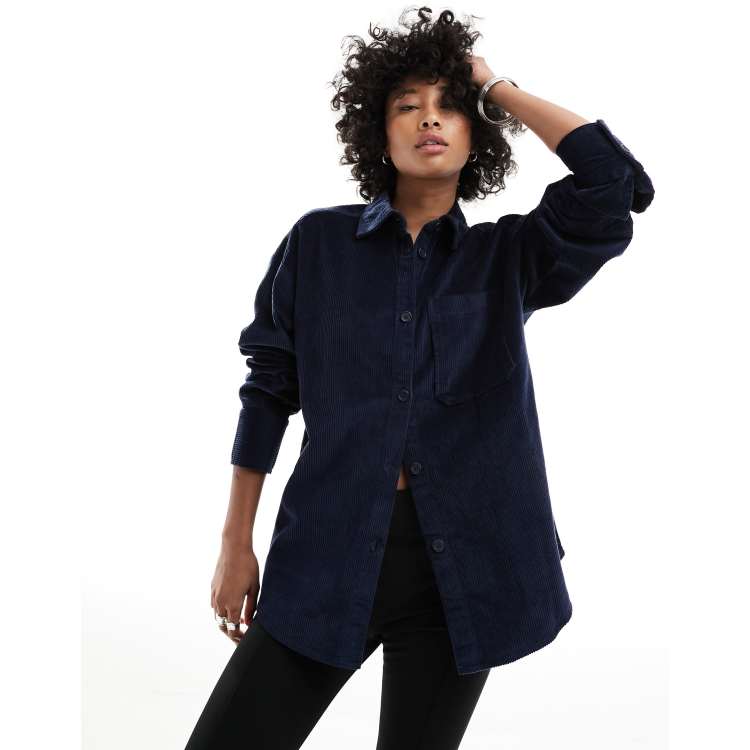 Monki long sleeve cord shirt in navy blue | ASOS