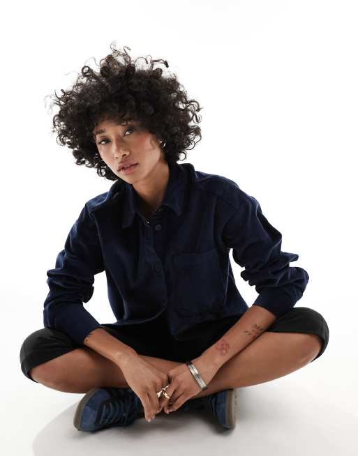 Monki long sleeve cord shirt in navy blue | ASOS