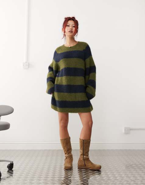 Monki long sleeve crew neck mini knitted dress in khaki and navy stripe
