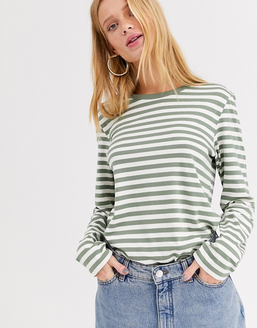 Monki long sleeve crew neck top in green and white stripe