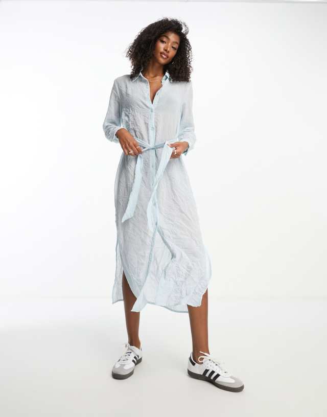 Monki - long sleeve crinkle midi shirt dress in blue