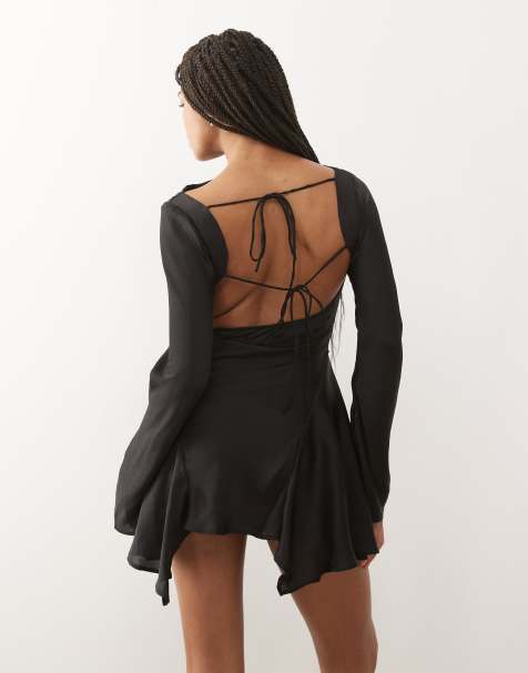 Monki long sleeve crinkle satin flippy mini dress with open tie back in black - view 1