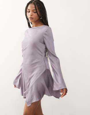 Monki Monki long sleeve crinkle satin flippy mini dress with open tie back in lilac-Purple