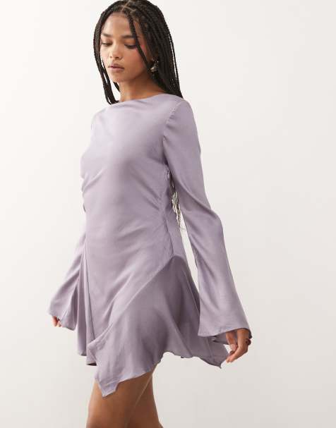 Monki long sleeve crinkle satin flippy mini dress with open tie back in lilac - view 1