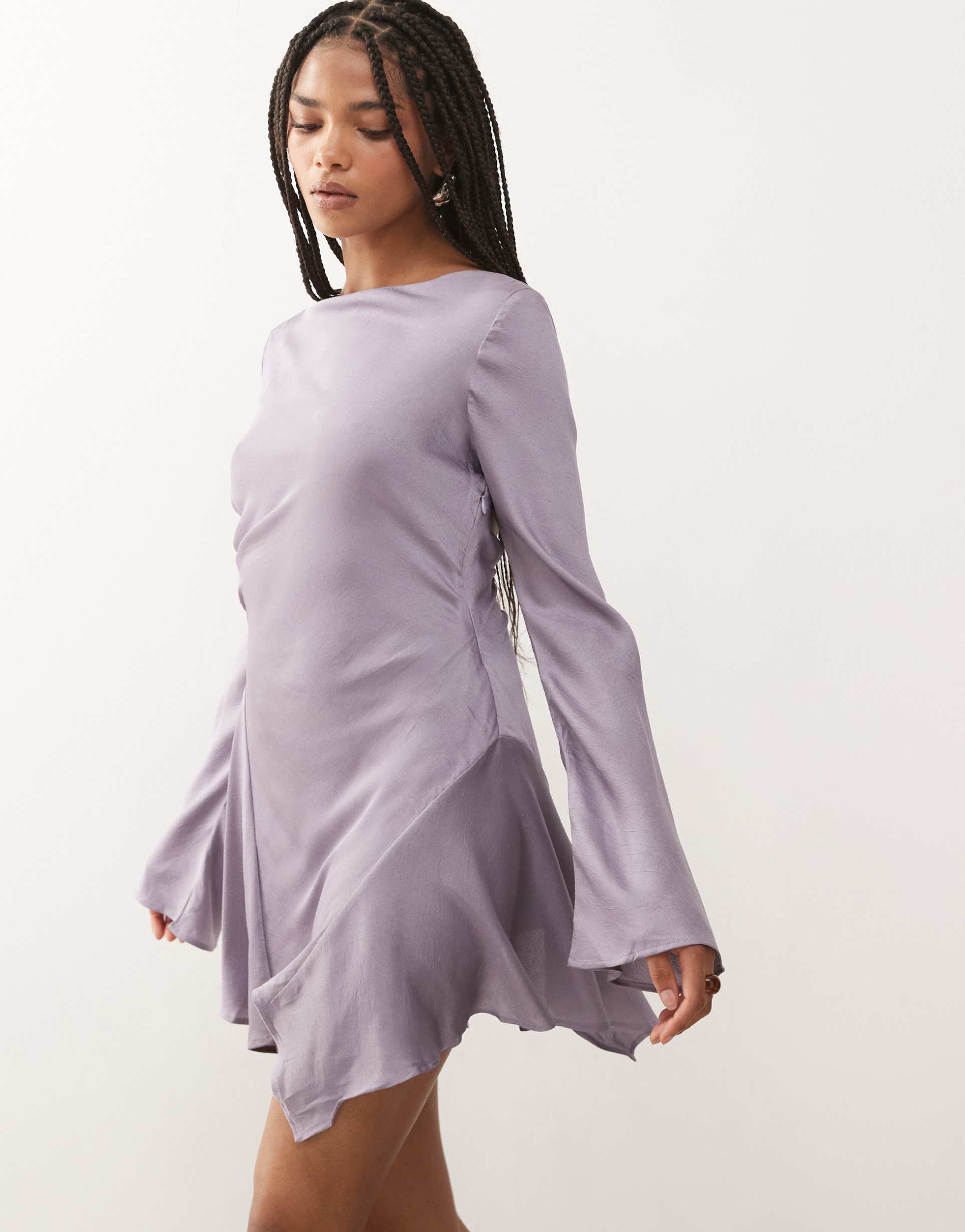 monki long sleeve crinkle satin flippy mini dress with open tie back in lilac