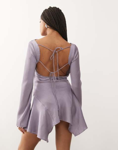 Monki long sleeve crinkle satin flippy mini dress with open tie back in lilac
