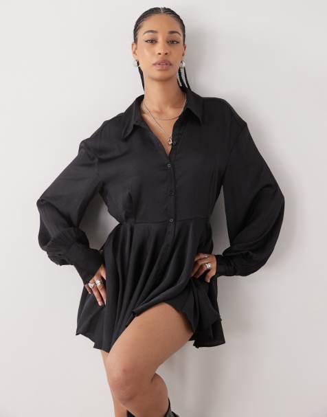 Monki long sleeve crinkle satin shirt dress with floaty skirt in black - view 1