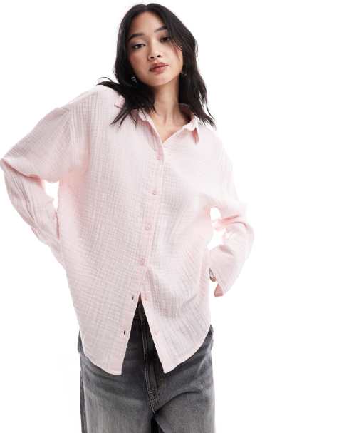 Monki long sleeve crinkle textured shirt in light dusty pink - view 1