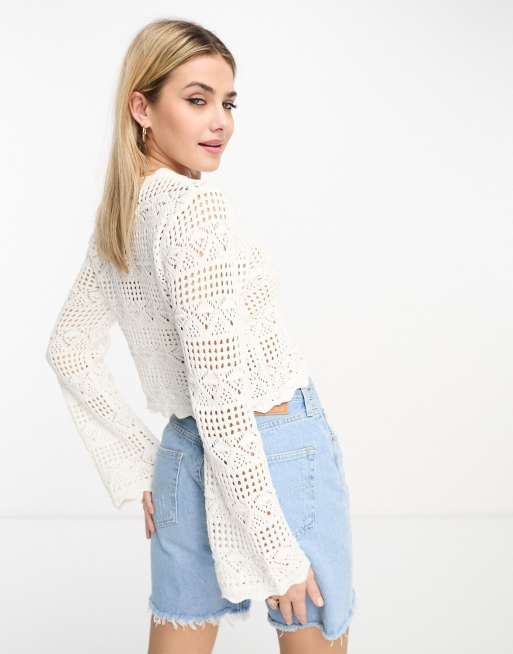 Monki long sleeve crochet top in white