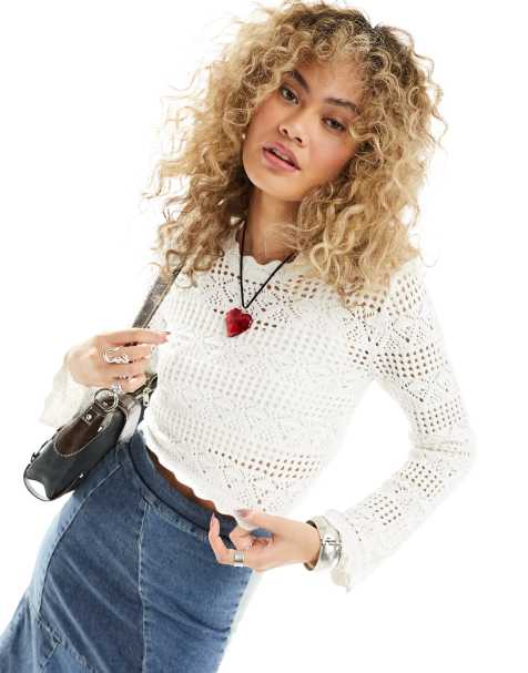 Monki long sleeve crochet top in white