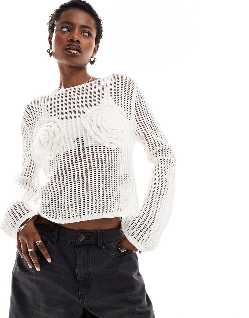 Monki long sleeve crochet top with rose detail in white