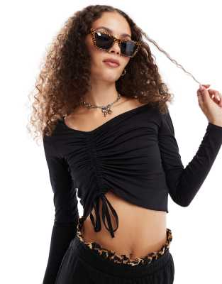 Monki Monki long sleeve cropped ruched asymmetric top in black