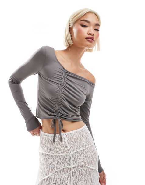 Monki long sleeve cropped ruched asymmetric top in grey - view 1