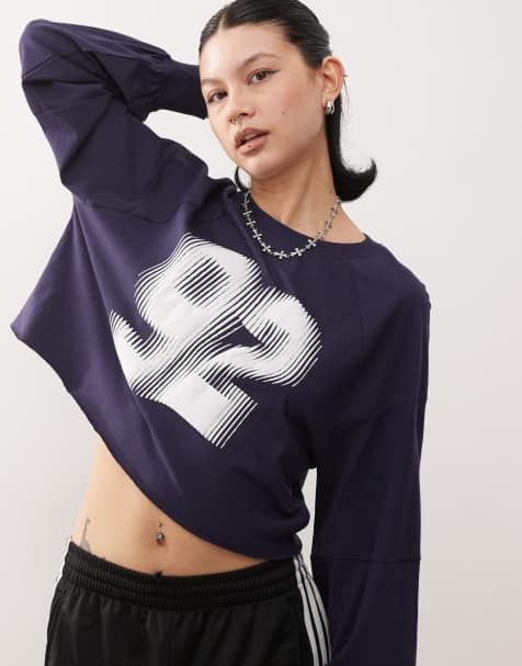 Monki long sleeve cropped t-shirt with '92' varisty graphic print in navy - view 1