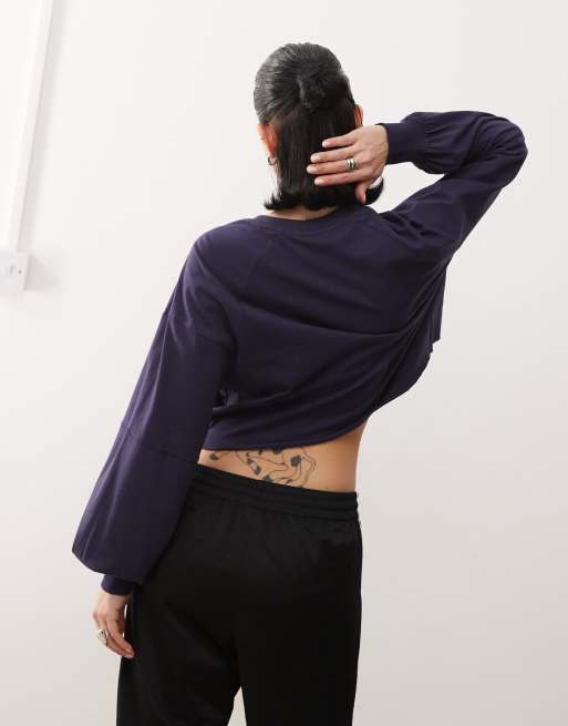 Monki long sleeve cropped T-shirt with '92' varsity graphic print in navy