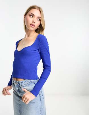 Monki Monki long sleeve cropped top in blue