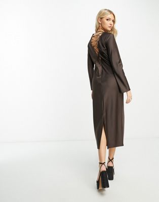 Monki long sleeve cross back dress in brown - ASOS Price Checker