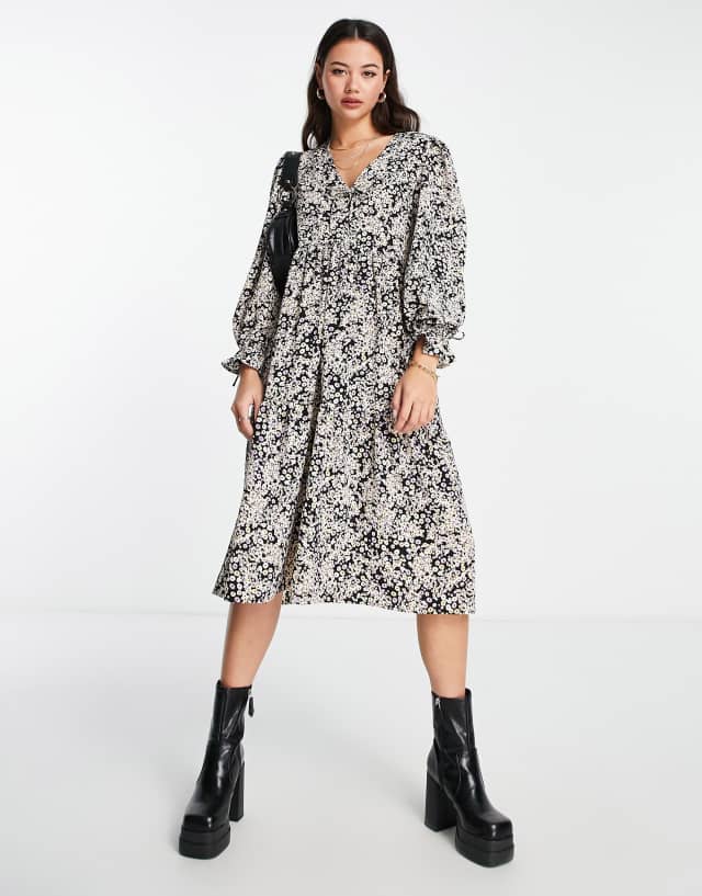 Monki long sleeve delicate floral print midi dress in multi