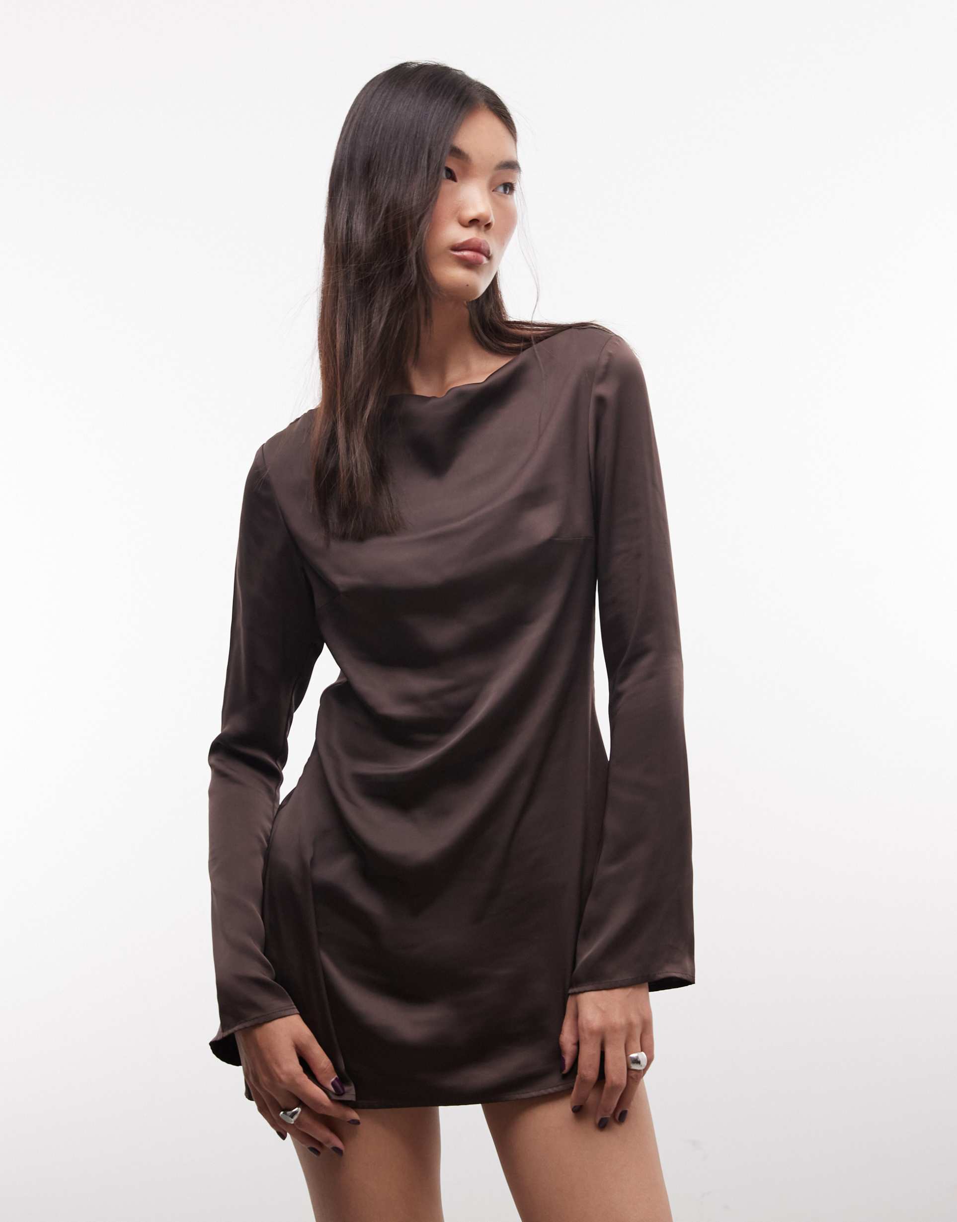 monki long sleeve drape satin mini dress in chocolate brown