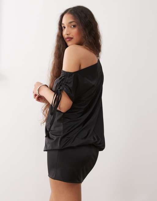 Monki long sleeve draped mini dress in black, 3 of 4