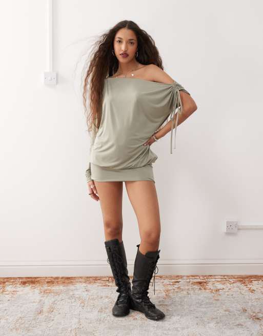 Monki long sleeve draped mini dress in khaki, 2 of 4