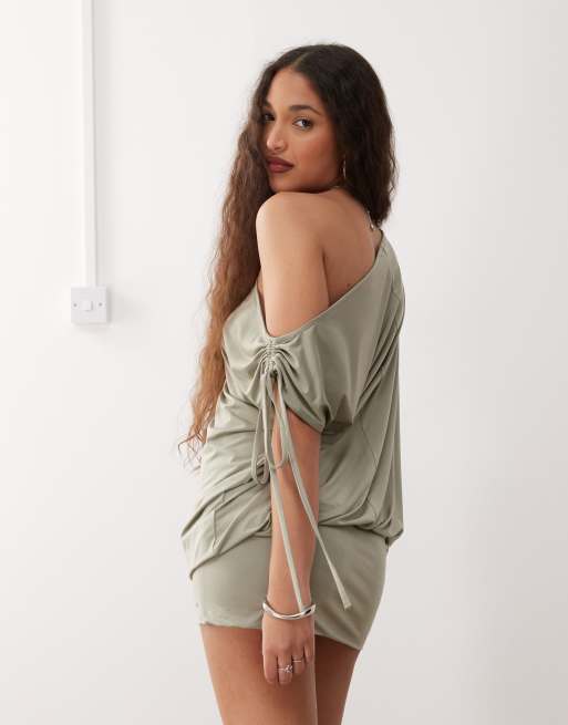 Monki long sleeve draped mini dress in khaki, 4 of 4