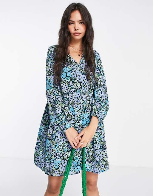 Monki long sleeve dress in blue floral print | ASOS